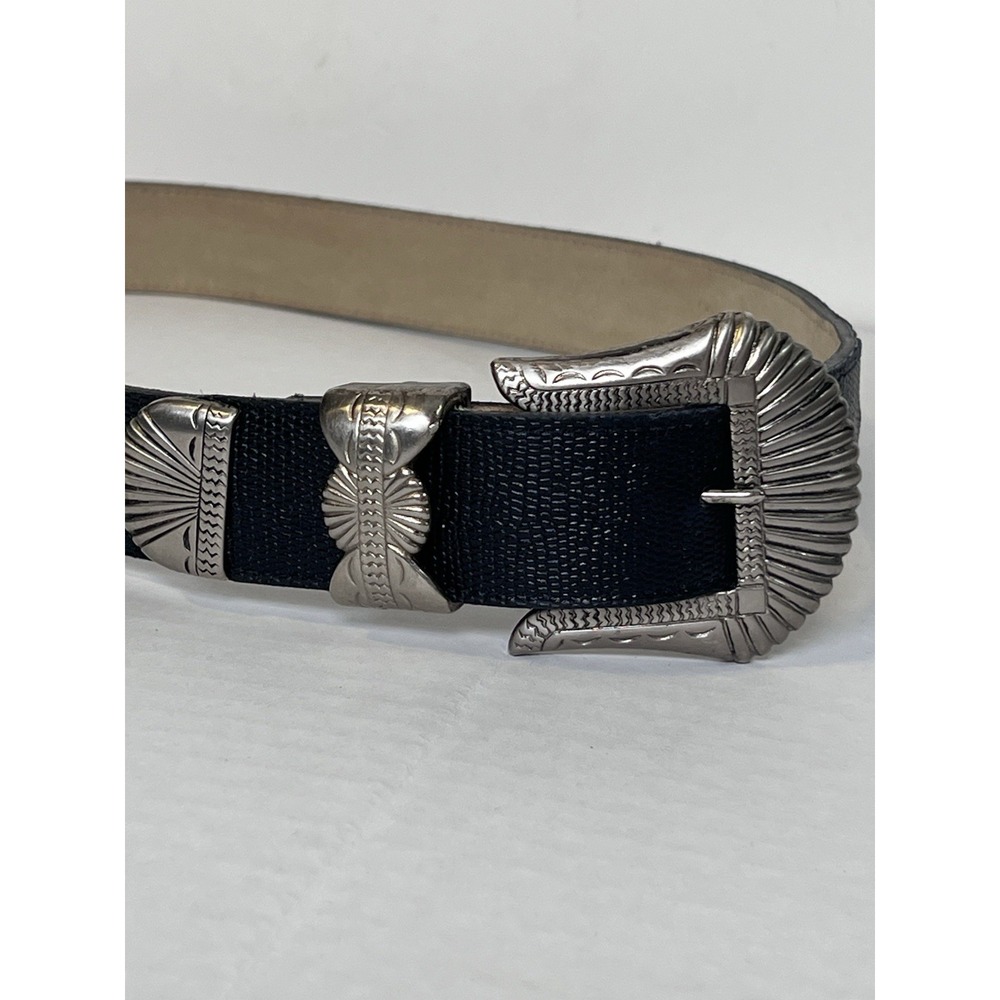 Belt Small Black & Silver M.A. Logo Buckle Black Faux Tectured Leather